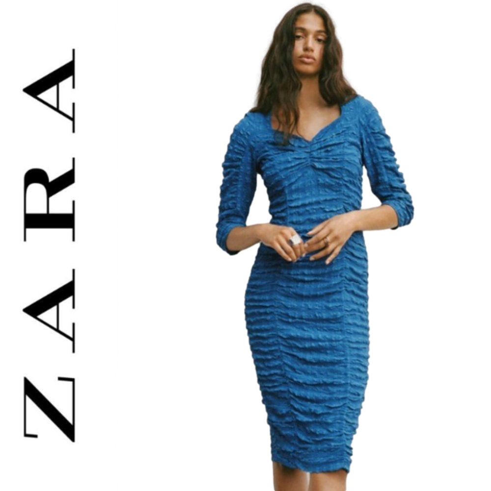 Zara The Ann Dress extra small electric blue midi smocked textured ZARA dress